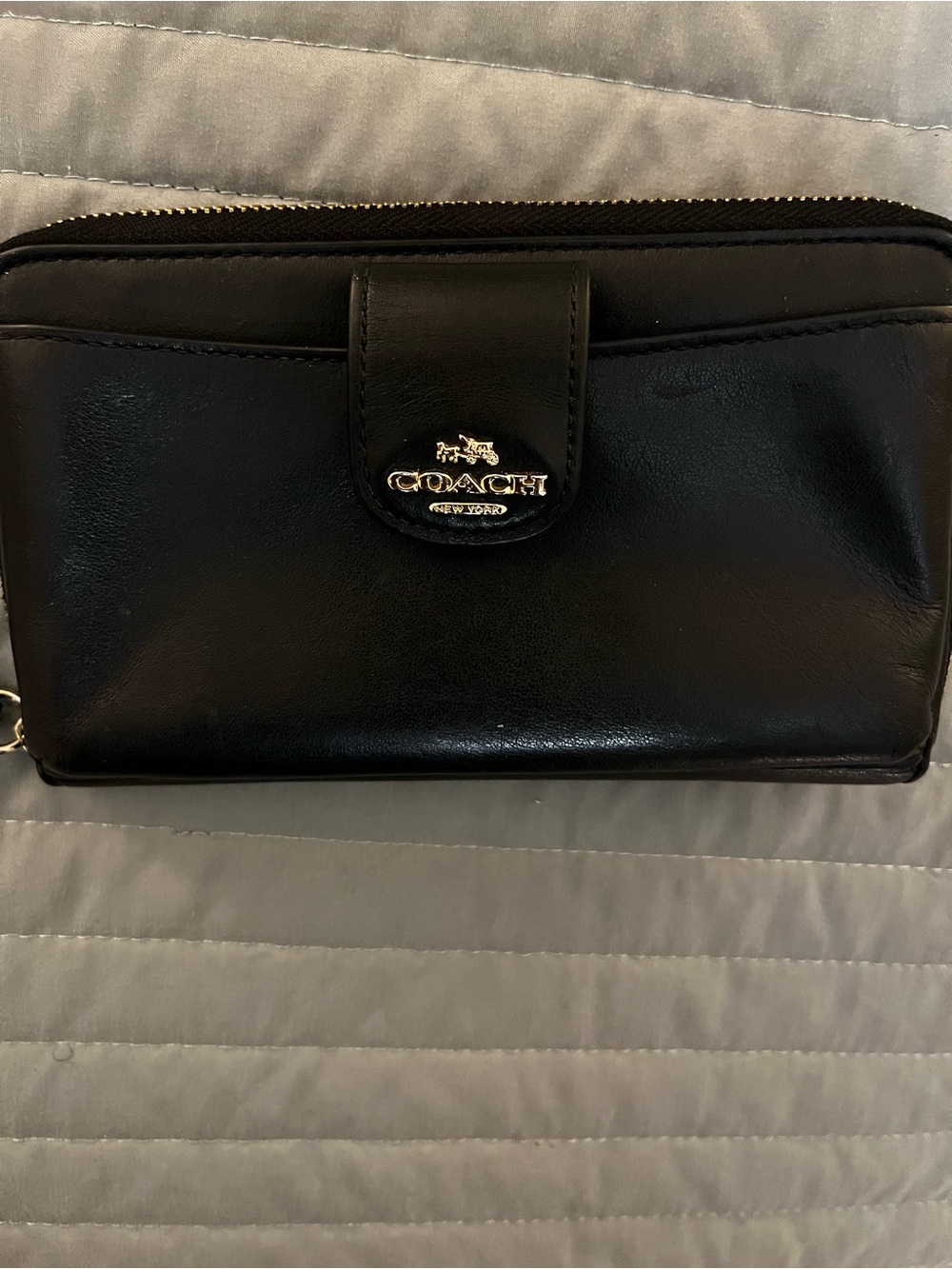 Coach Black Leather Wristlet with Gold Logo Accent